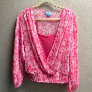 CeCe Medium Womens Pink Floral Print Long Sleeve Tank Boho Party‎ Sheer Blouse